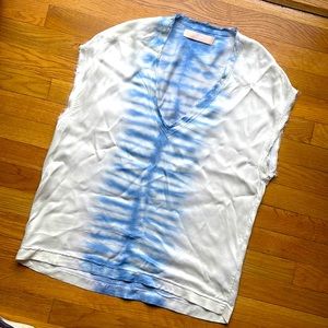 Super cute Ivory and blue tie dye v-neck sleeveless blouse by Cali-dreaming.